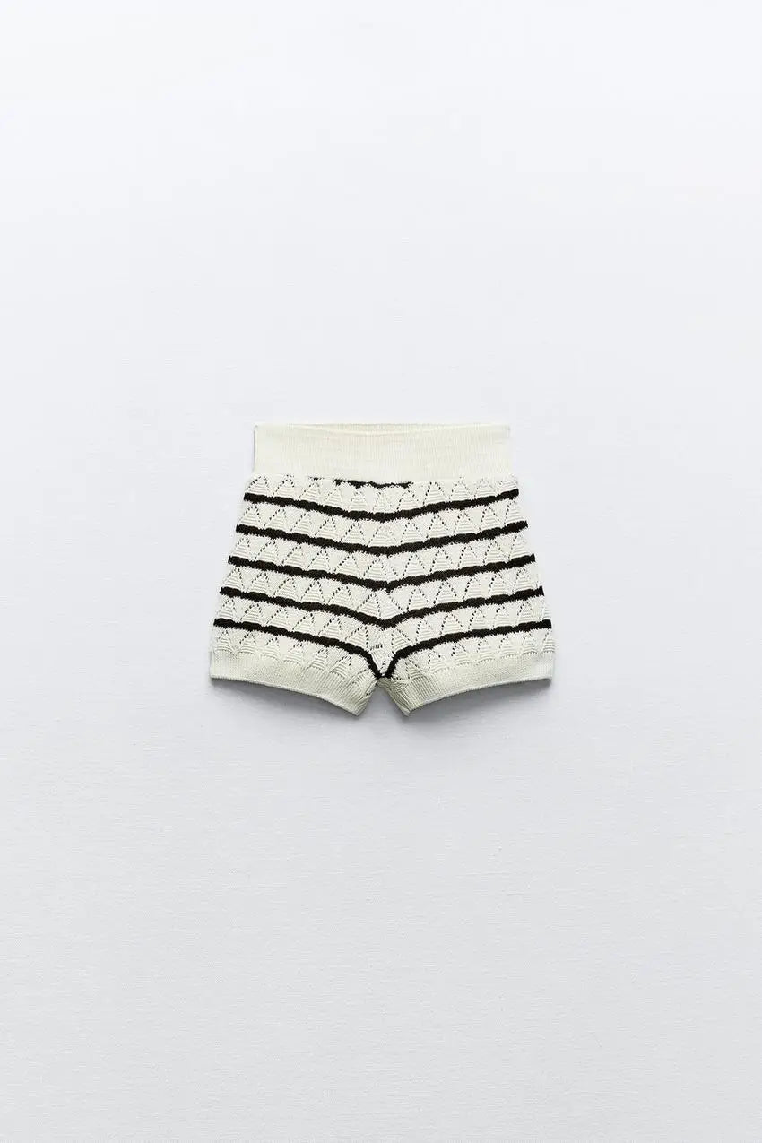 Women's Knit Striped Shirt and High-Waisted Elastic Mini Shorts Set Slim Fit Casual Round Neck Top Chic Two-Piece Summer Outfit