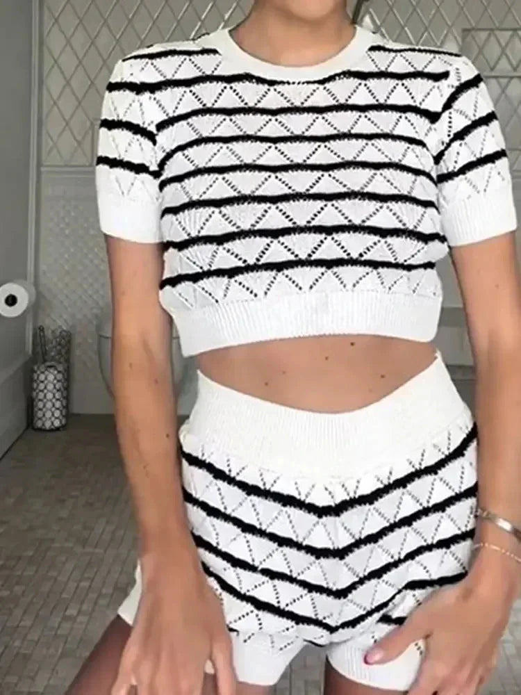 Women's Knit Striped Shirt and High-Waisted Elastic Mini Shorts Set Slim Fit Casual Round Neck Top Chic Two-Piece Summer Outfit