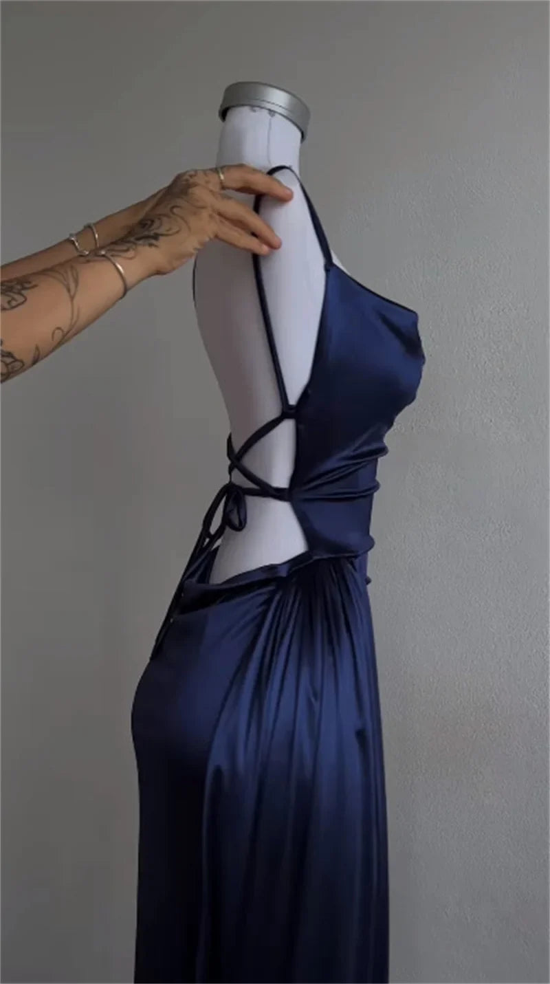 Y2K Backless Sleeveless Long Dress for Women Summer Lace Up Swinging Collar Party Evening Slim Black Dress for Sexy Casual Occasions