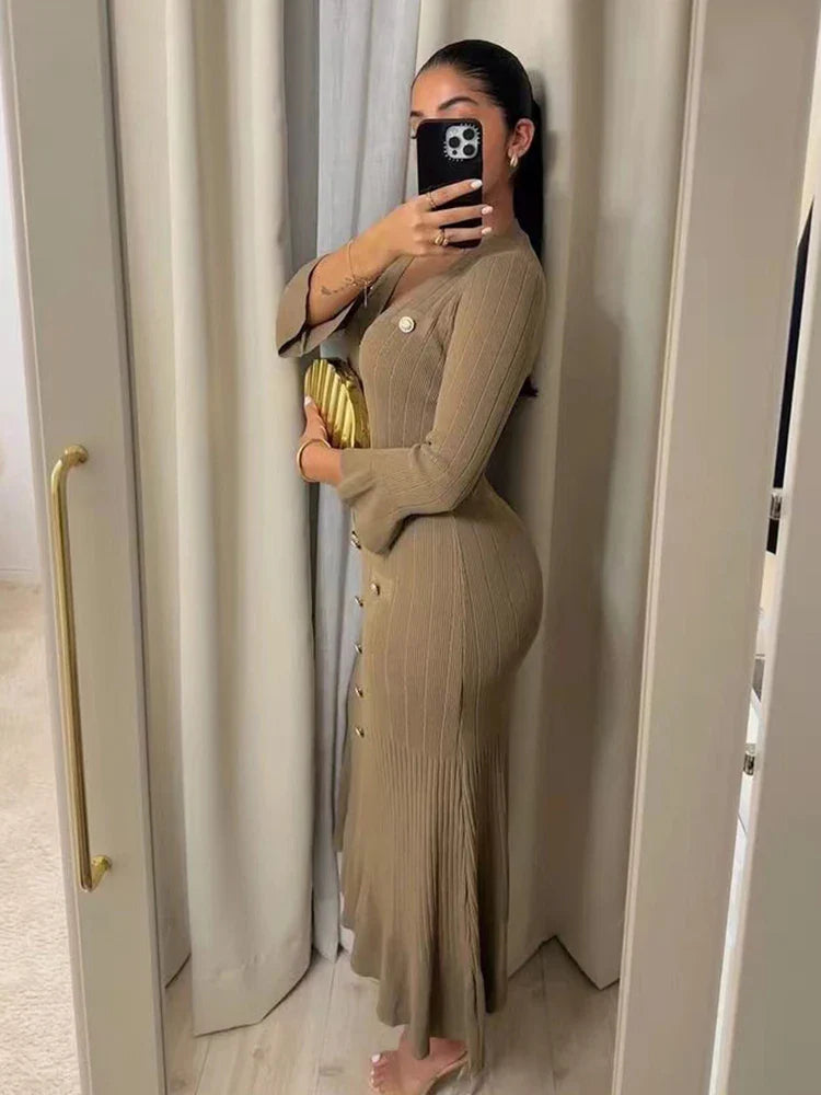 Elegant Knitted Long Dress for Women with Flare Sleeves V-Neck Ruffles and Single Breasted Bodycon Design for Party and Office Wear