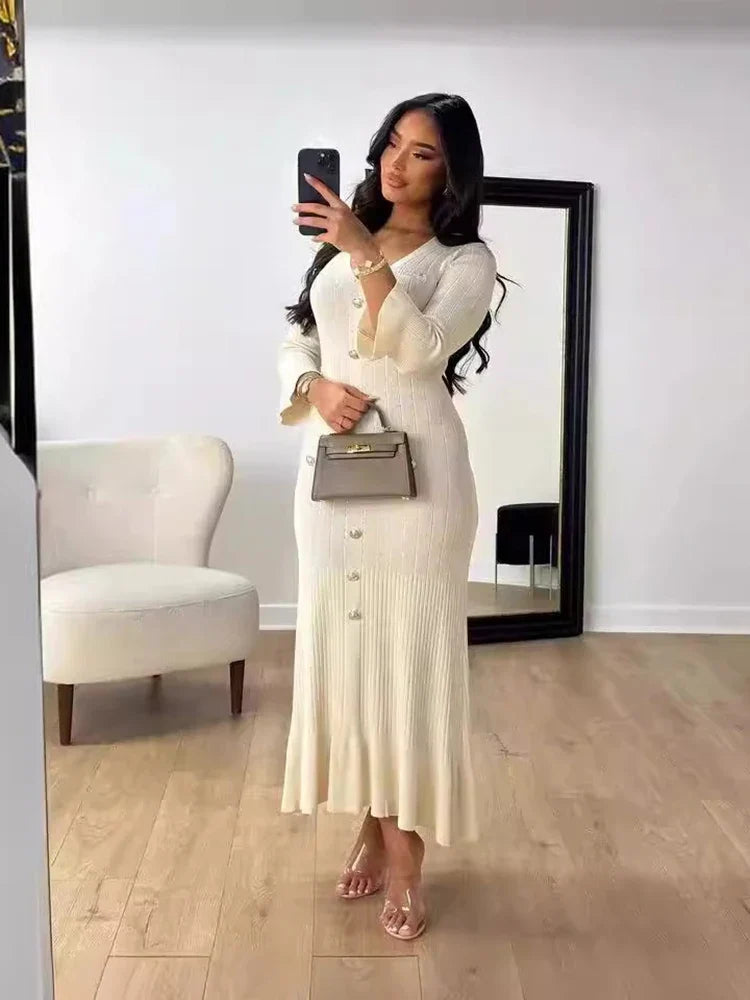 Elegant Knitted Long Dress for Women with Flare Sleeves V-Neck Ruffles and Single Breasted Bodycon Design for Party and Office Wear