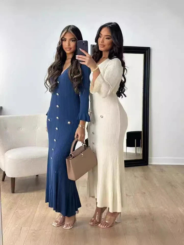 Elegant Knitted Long Dress for Women with Flare Sleeves V-Neck Ruffles and Single Breasted Bodycon Design for Party and Office Wear