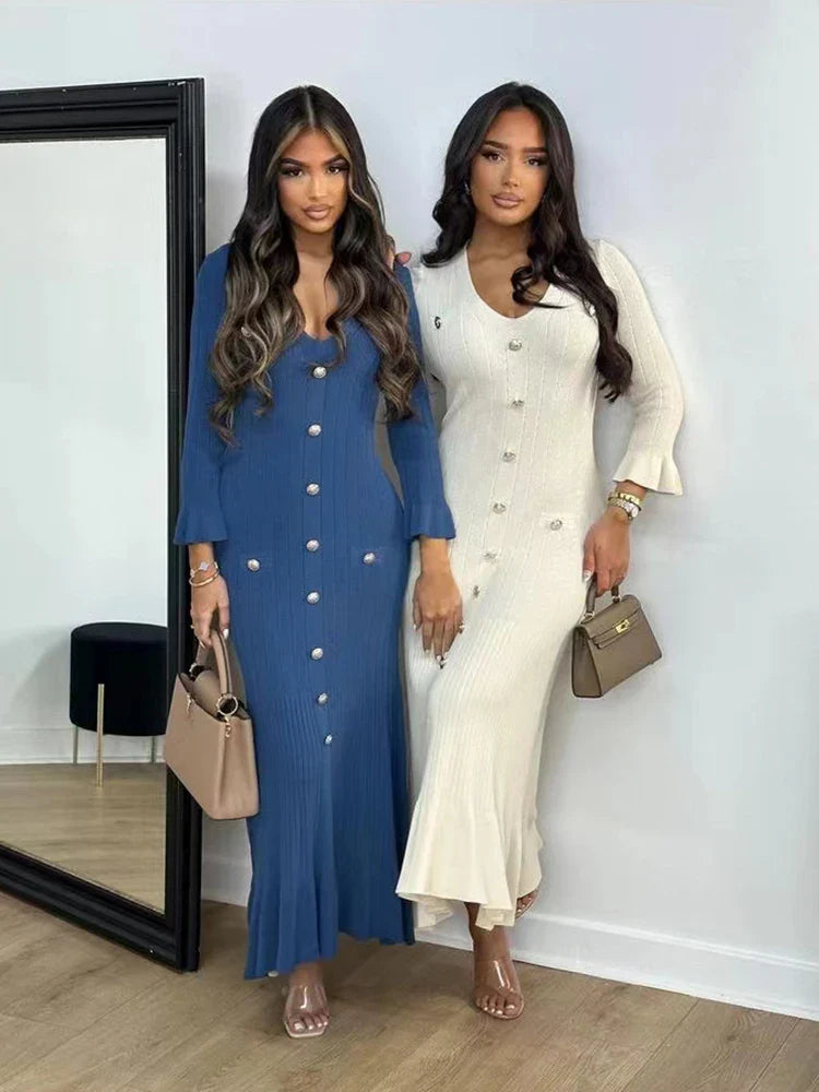 Elegant Knitted Long Dress for Women with Flare Sleeves V-Neck Ruffles and Single Breasted Bodycon Design for Party and Office Wear