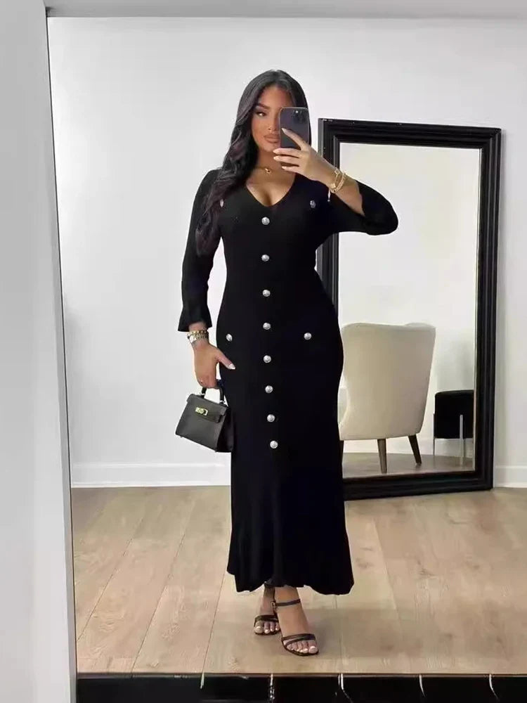 Elegant Knitted Long Dress for Women with Flare Sleeves V-Neck Ruffles and Single Breasted Bodycon Design for Party and Office Wear