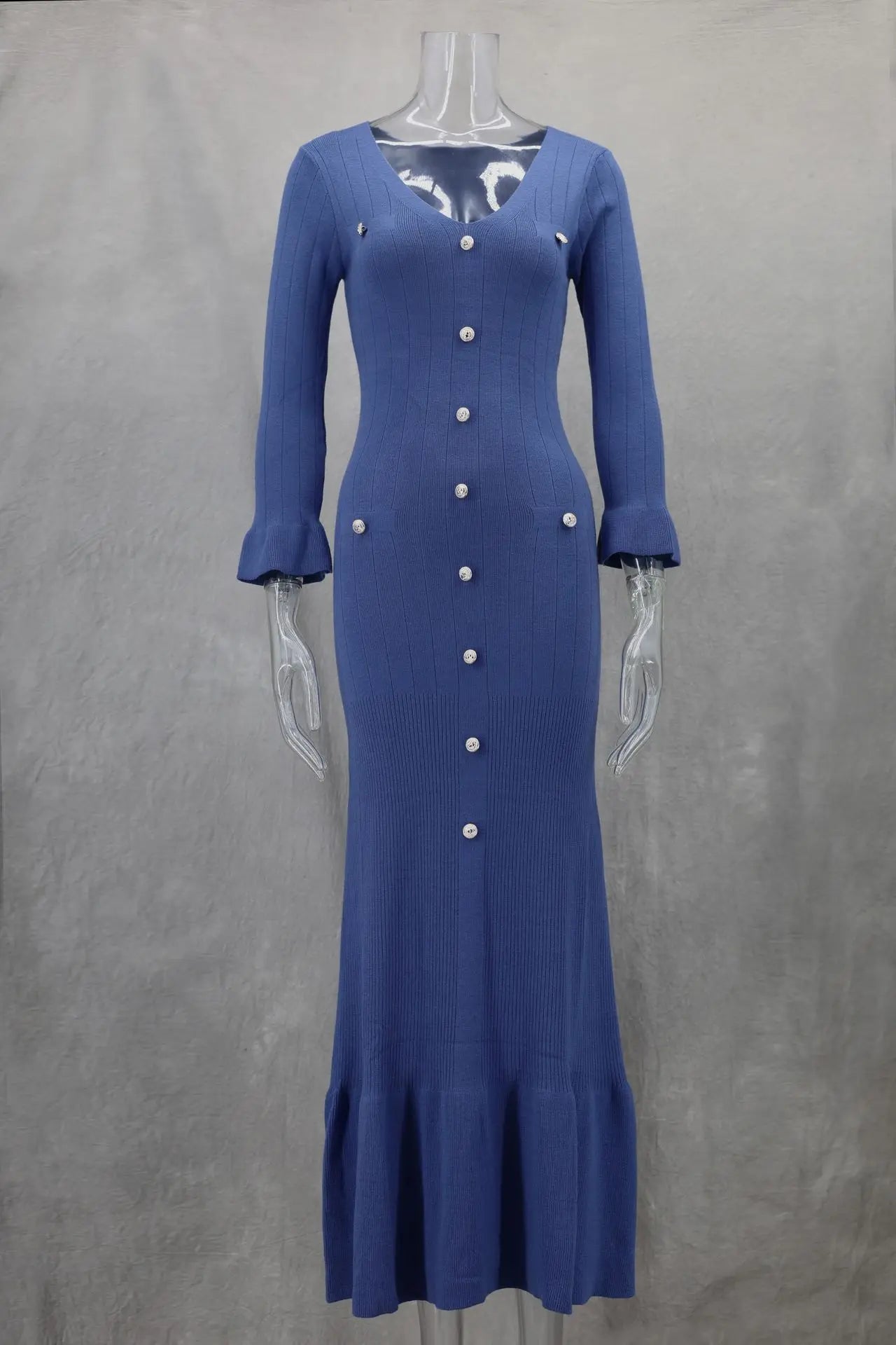 Elegant Knitted Long Dress for Women with Flare Sleeves V-Neck Ruffles and Single Breasted Bodycon Design for Party and Office Wear