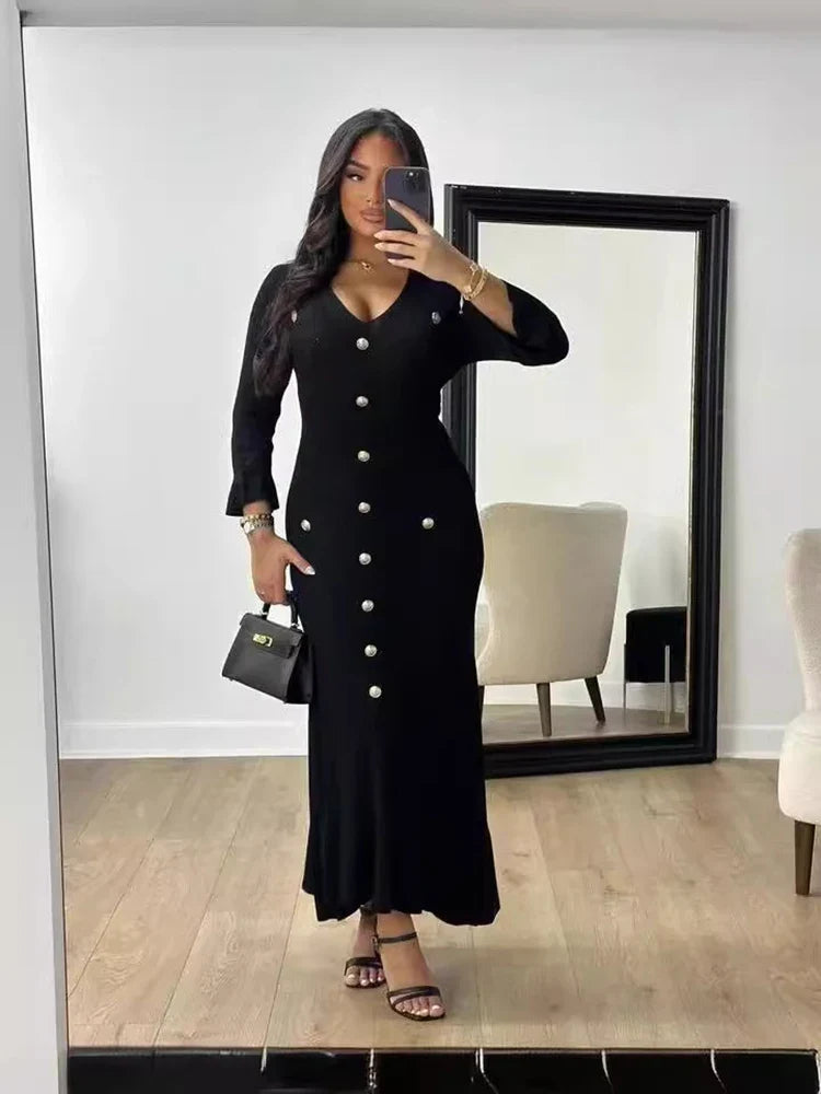 Elegant Knitted Long Dress for Women with Flare Sleeves V-Neck Ruffles and Single Breasted Bodycon Design for Party and Office Wear