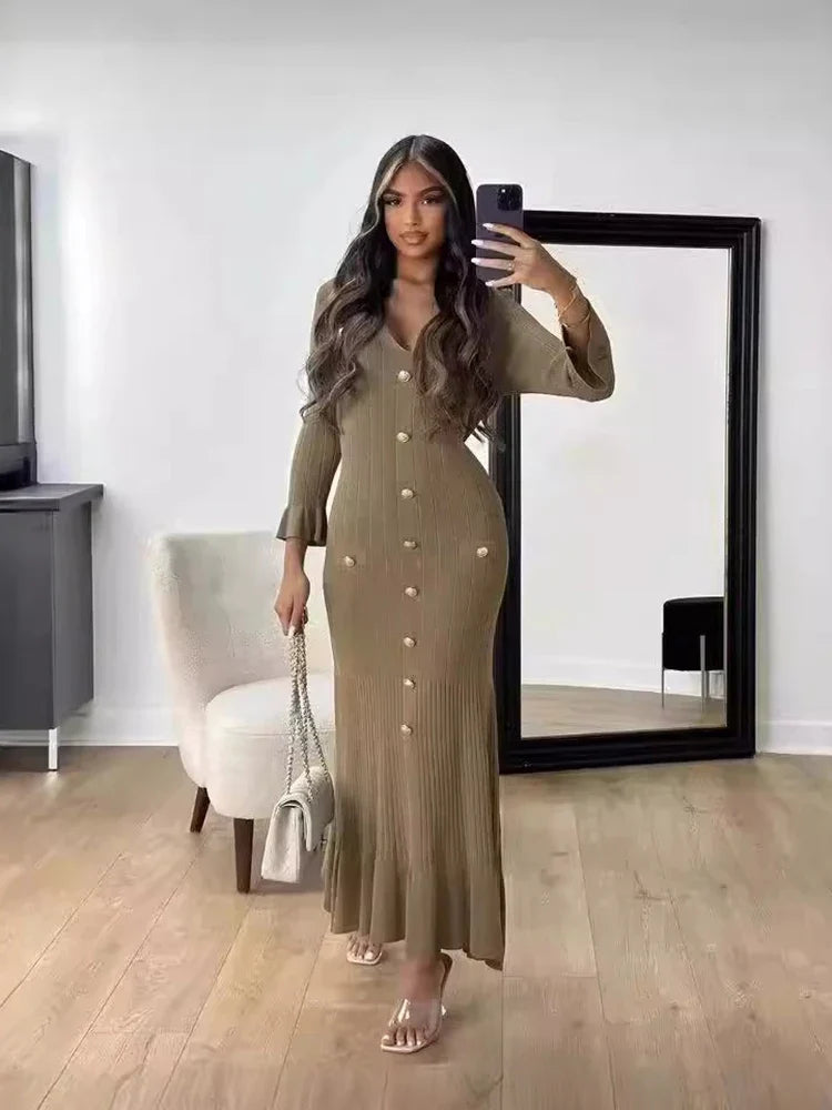 Elegant Knitted Long Dress for Women with Flare Sleeves V-Neck Ruffles and Single Breasted Bodycon Design for Party and Office Wear
