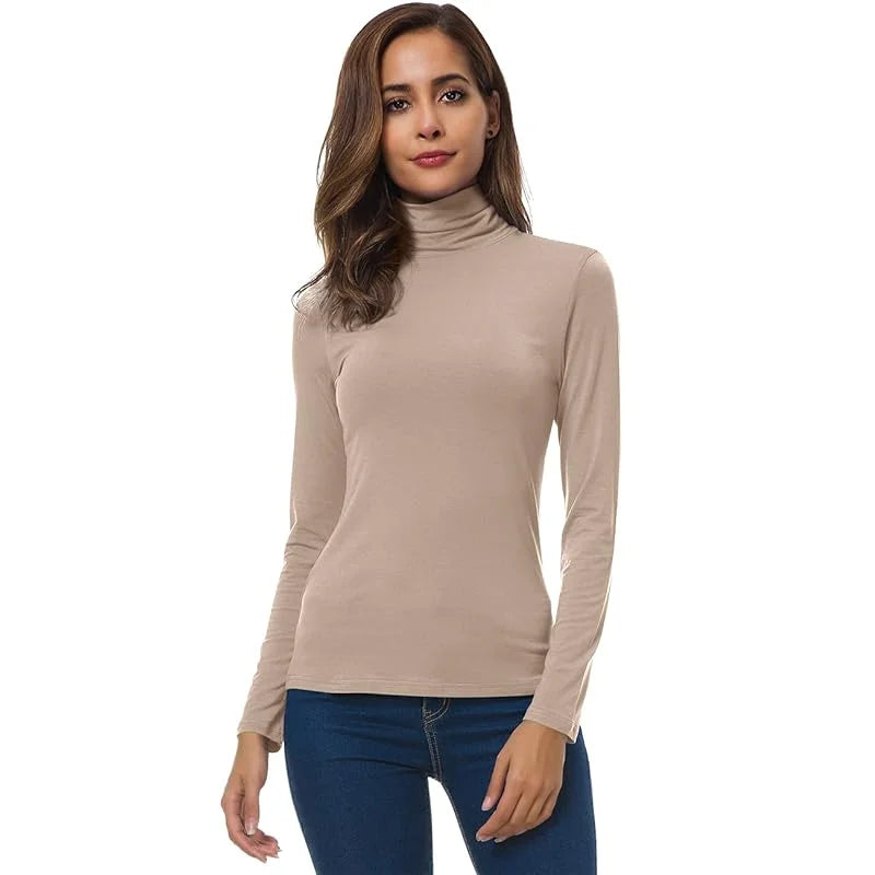 Womens Soft Knit Turtleneck T-Shirt Set Long Sleeve Casual Tops Stylish Basic Essentials for Spring and Fall