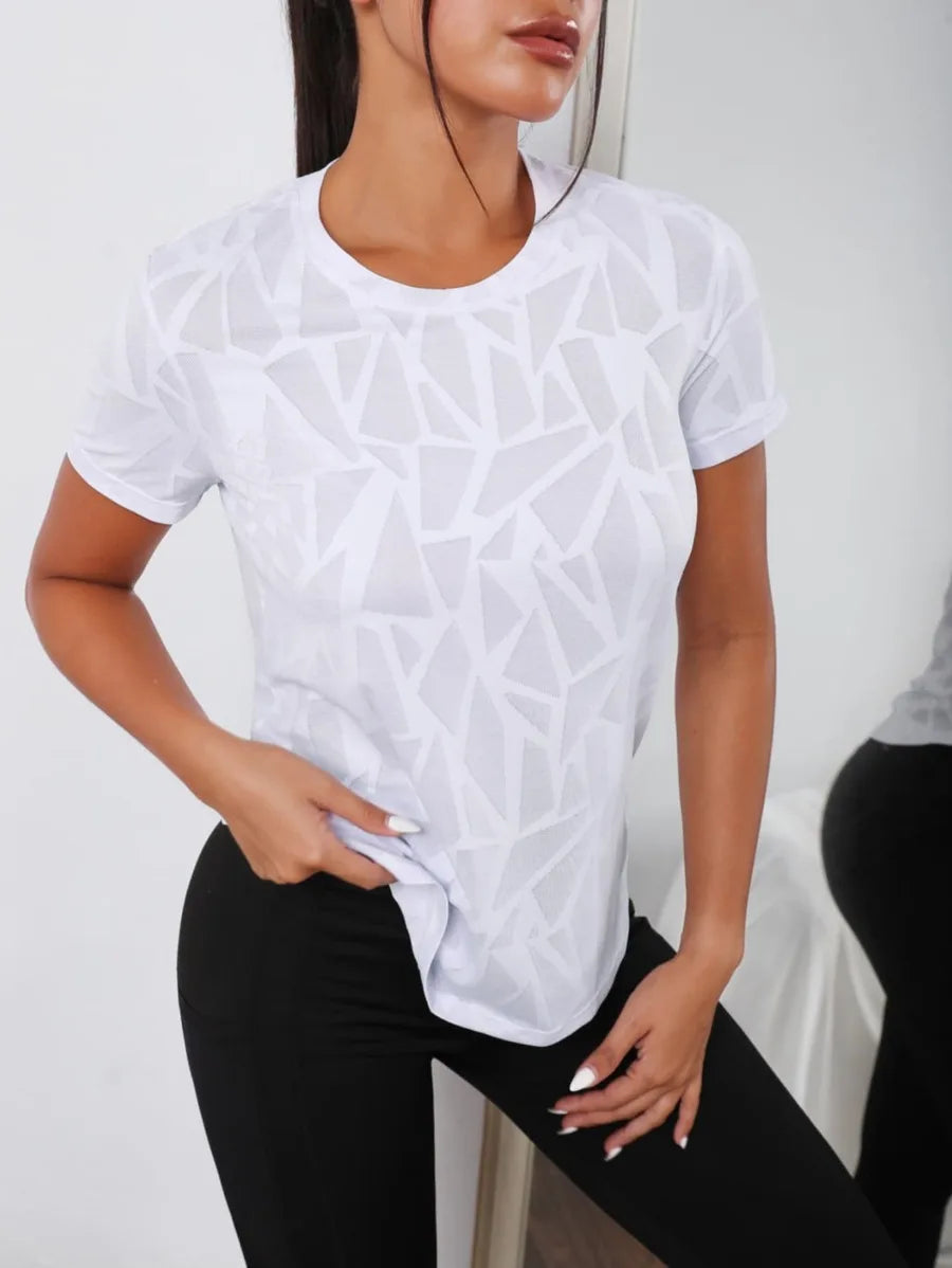 Womens Chic Geometric Print T-Shirt Lightweight Crew Neck Short Sleeve Top with Flattering Curved Hem Casual Stylish Tee for Spring