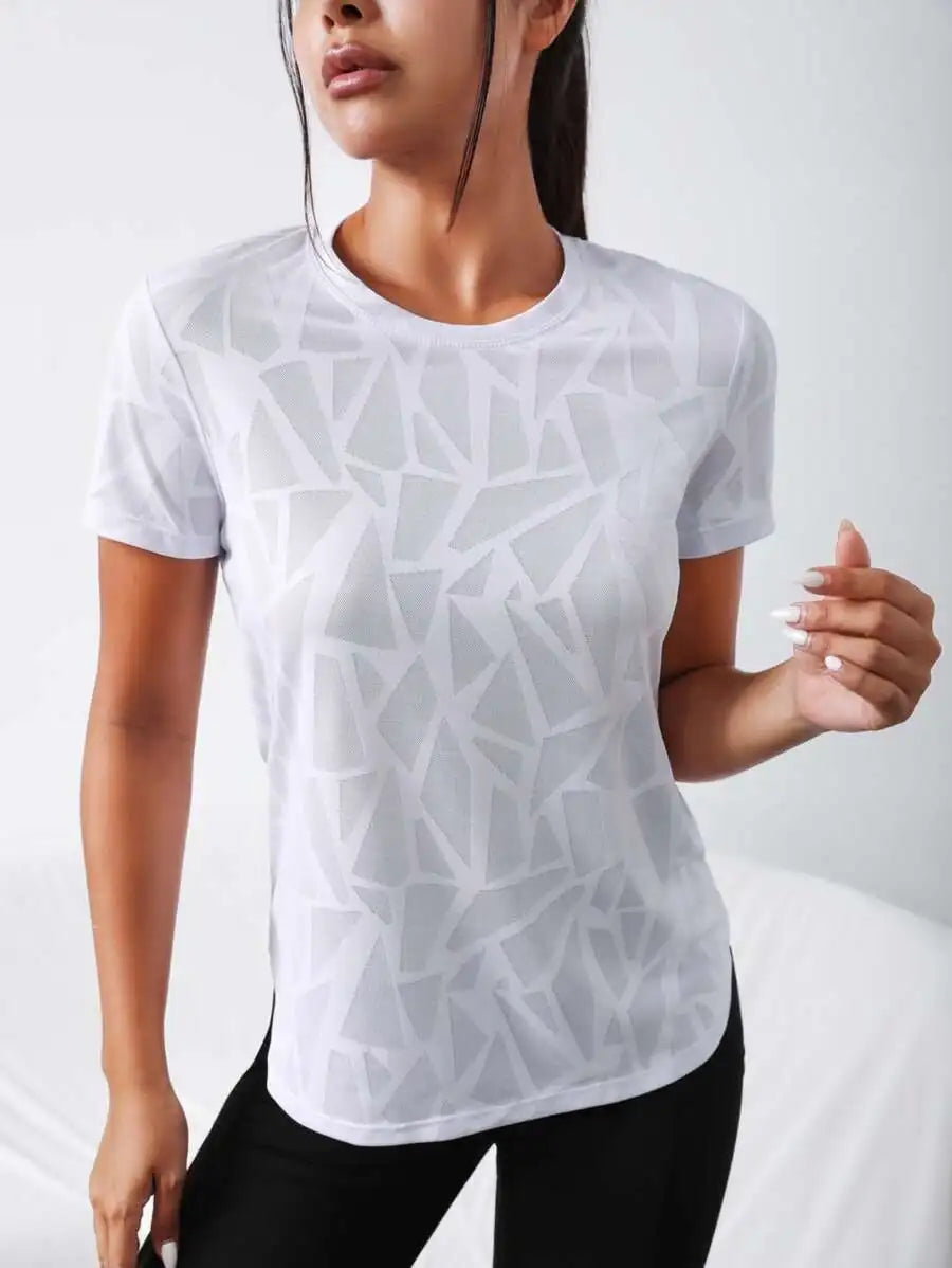 Womens Chic Geometric Print T-Shirt Lightweight Crew Neck Short Sleeve Top with Flattering Curved Hem Casual Stylish Tee for Spring