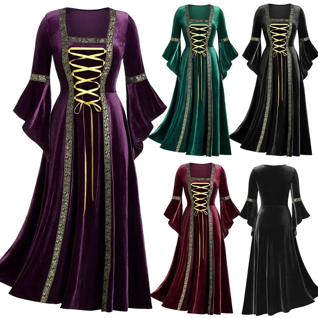 Elegant Halloween Women Dress with Long Sleeves and Victorian Gothic Vintage Vampire Witch Cosplay Bandage Costume