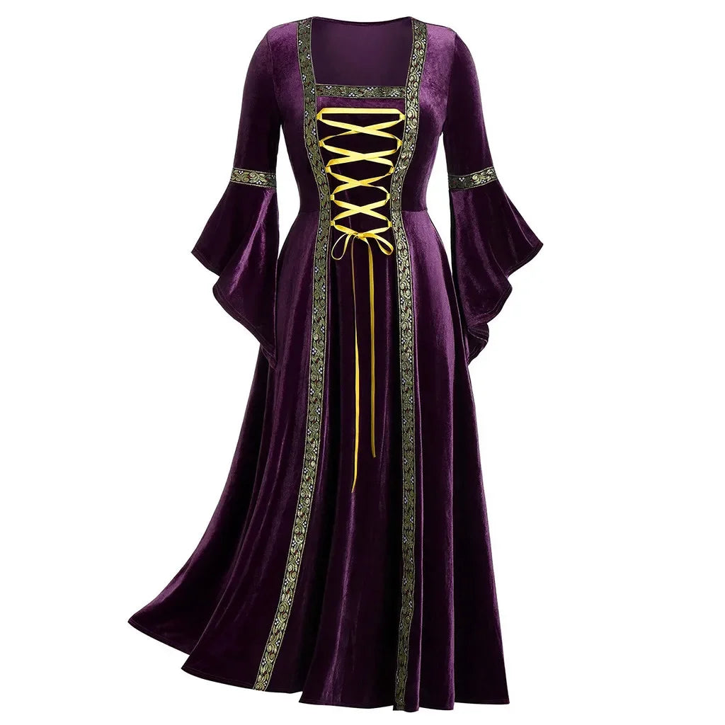 Elegant Halloween Women Dress with Long Sleeves and Victorian Gothic Vintage Vampire Witch Cosplay Bandage Costume