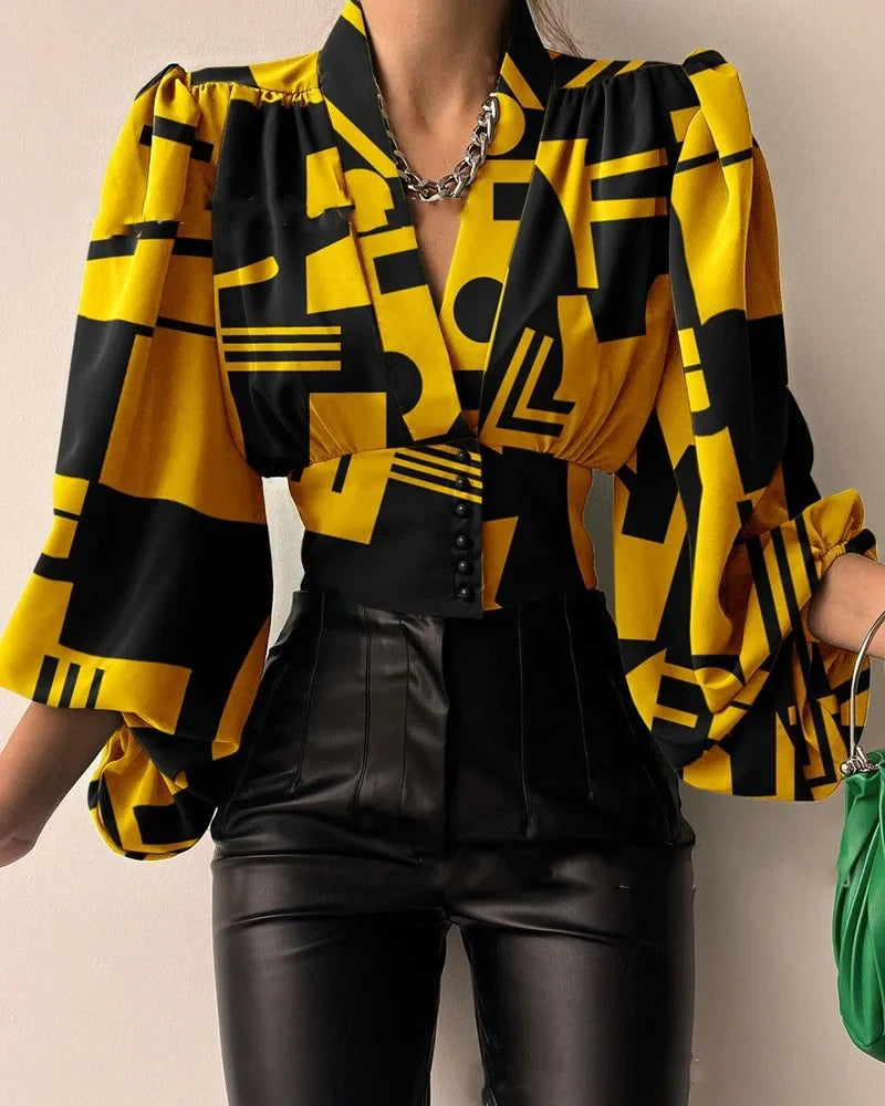 Women's Sexy Irregular V Neck Blouse with Lantern Sleeves Casual Loose Tunic Top Elegant Autumn Streetwear Solid Color Blusas