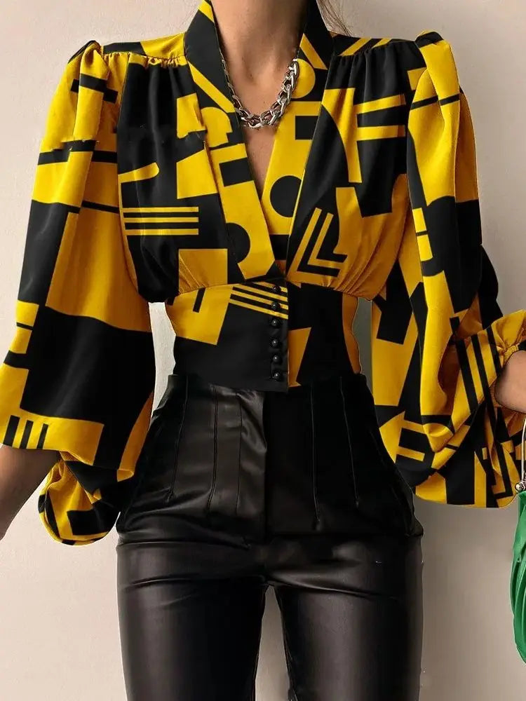 Women's Sexy Irregular V Neck Blouse with Lantern Sleeves Casual Loose Tunic Top Elegant Autumn Streetwear Solid Color Blusas