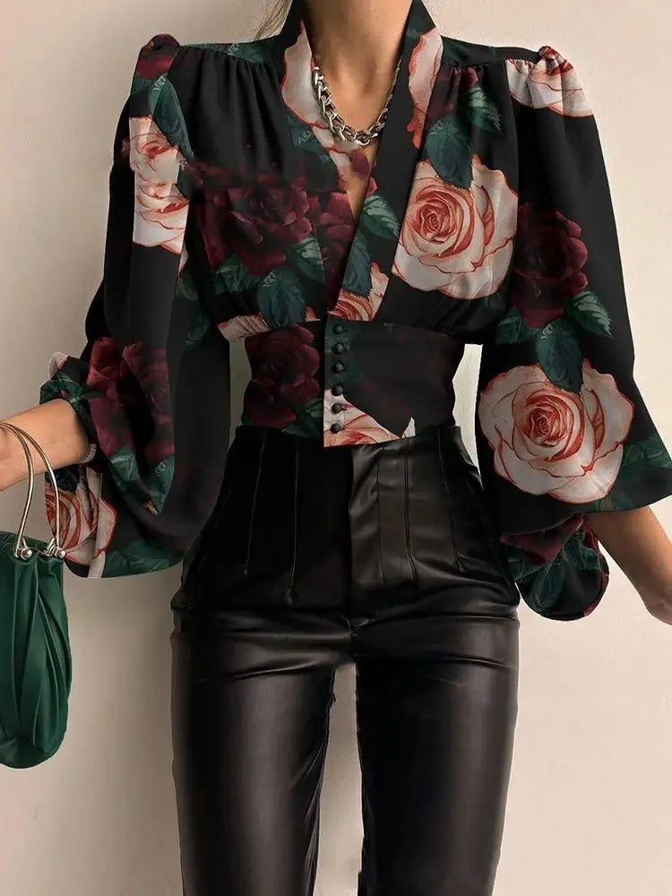 Women's Sexy Irregular V Neck Blouse with Lantern Sleeves Casual Loose Tunic Top Elegant Autumn Streetwear Solid Color Blusas