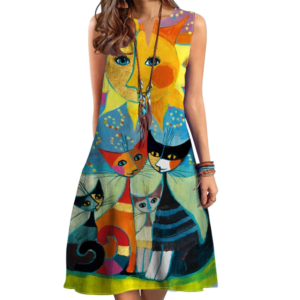 Elegant Bohemian V-Neck Sleeveless Printed Dress with Loose Waist and Large Hem for Casual or Formal Occasions