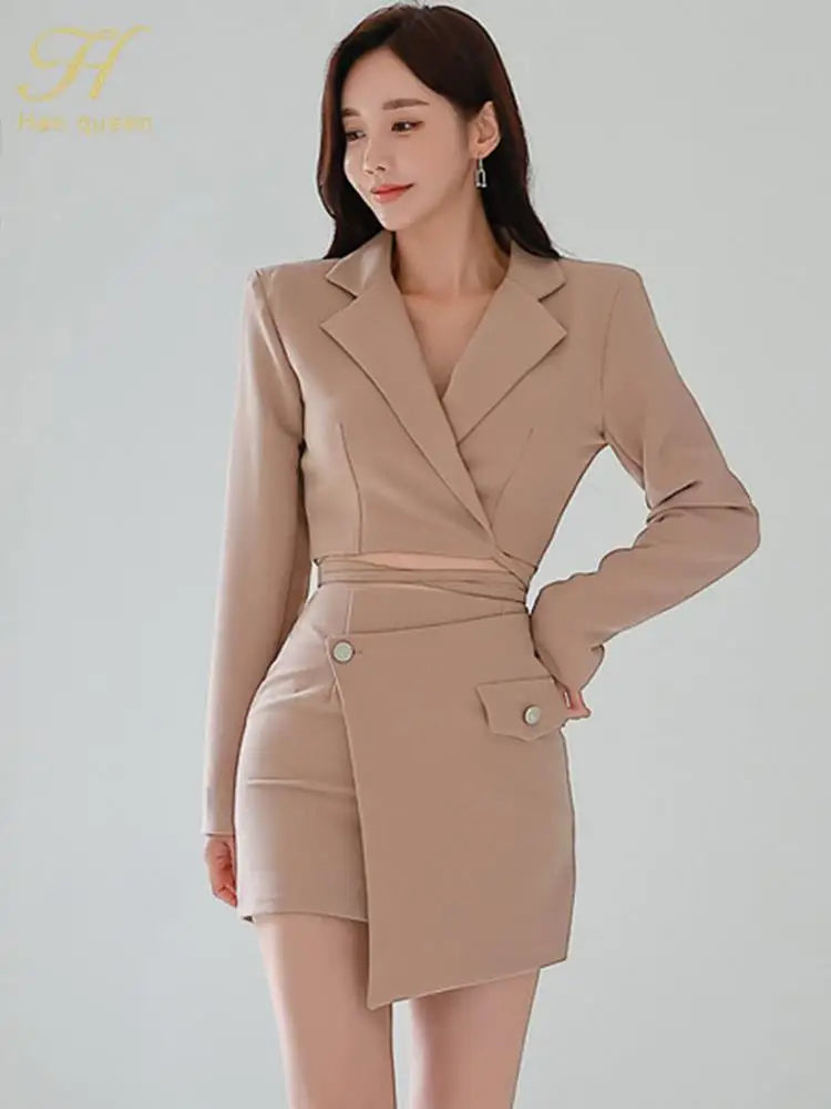 Elegant Women Two-Piece Set Short Blazer and High Waist Pencil Skirt Casual Office Wear Simple Chic Business Outfit