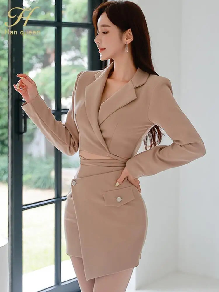 Elegant Women Two-Piece Set Short Blazer and High Waist Pencil Skirt Casual Office Wear Simple Chic Business Outfit
