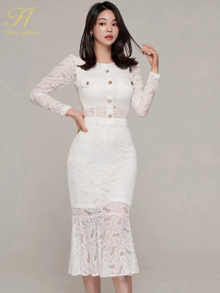 Elegant White Lace Women's Two Piece Set Long Sleeve Top and Mermaid Skirt Casual Office Outfit