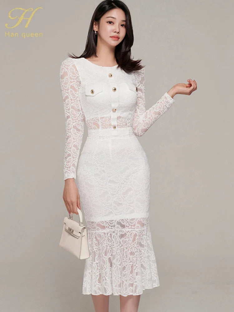 Elegant White Lace Women's Two Piece Set Long Sleeve Top and Mermaid Skirt Casual Office Outfit