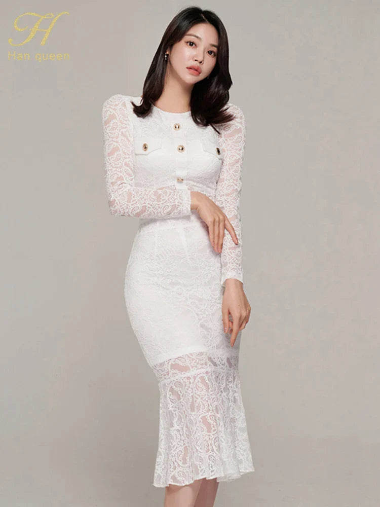 Elegant White Lace Women's Two Piece Set Long Sleeve Top and Mermaid Skirt Casual Office Outfit