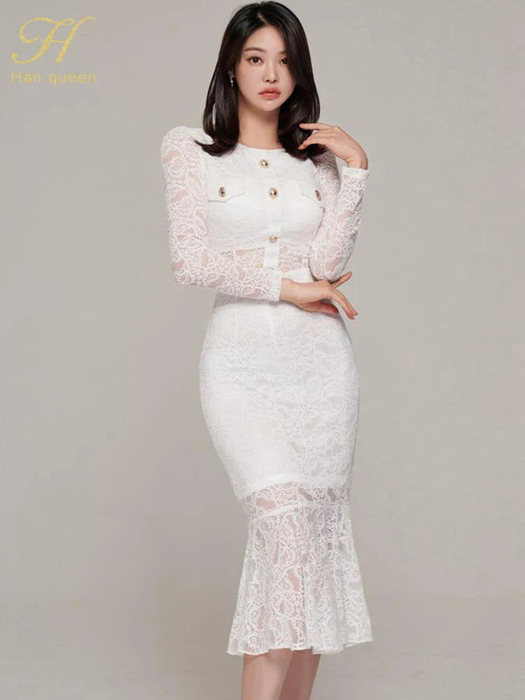 Elegant White Lace Women's Two Piece Set Long Sleeve Top and Mermaid Skirt Casual Office Outfit