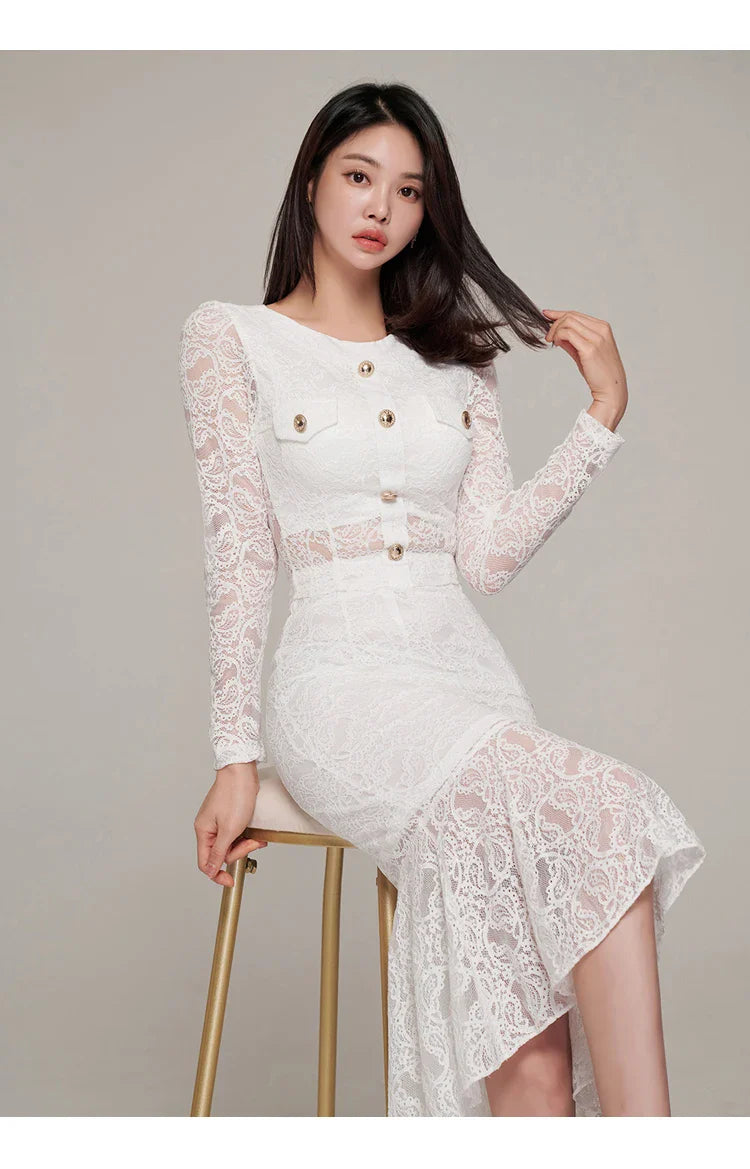 Elegant White Lace Women's Two Piece Set Long Sleeve Top and Mermaid Skirt Casual Office Outfit