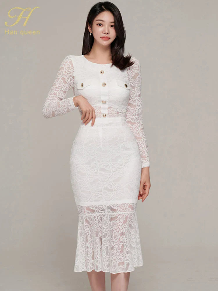 Elegant White Lace Women's Two Piece Set Long Sleeve Top and Mermaid Skirt Casual Office Outfit