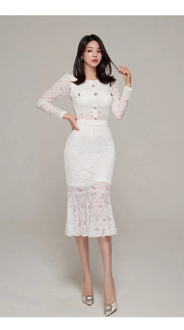 Elegant White Lace Women's Two Piece Set Long Sleeve Top and Mermaid Skirt Casual Office Outfit