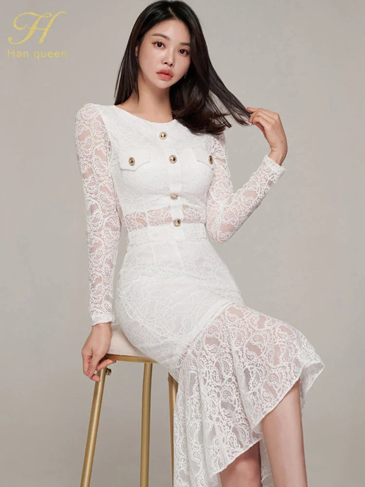 Elegant White Lace Women's Two Piece Set Long Sleeve Top and Mermaid Skirt Casual Office Outfit