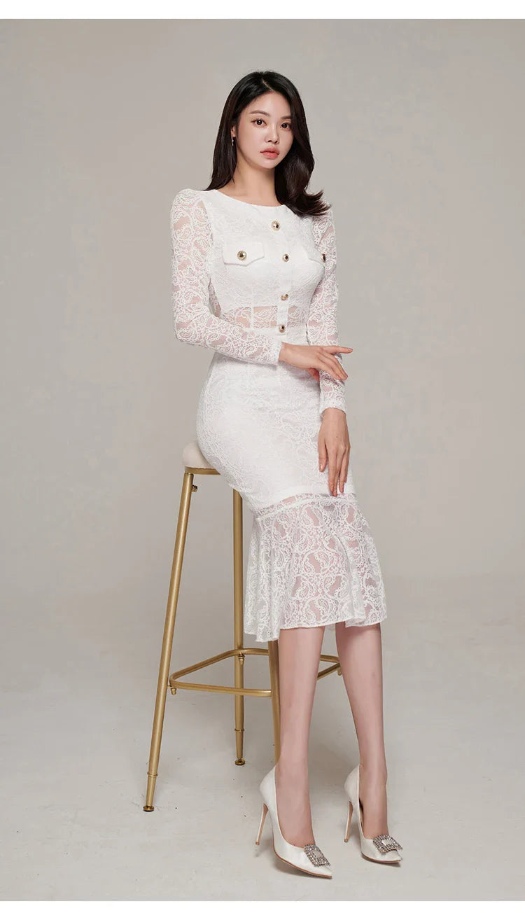 Elegant White Lace Women's Two Piece Set Long Sleeve Top and Mermaid Skirt Casual Office Outfit