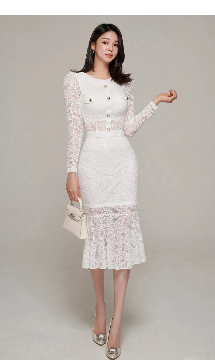 Elegant White Lace Women's Two Piece Set Long Sleeve Top and Mermaid Skirt Casual Office Outfit