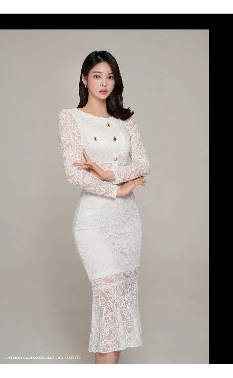Elegant White Lace Women's Two Piece Set Long Sleeve Top and Mermaid Skirt Casual Office Outfit