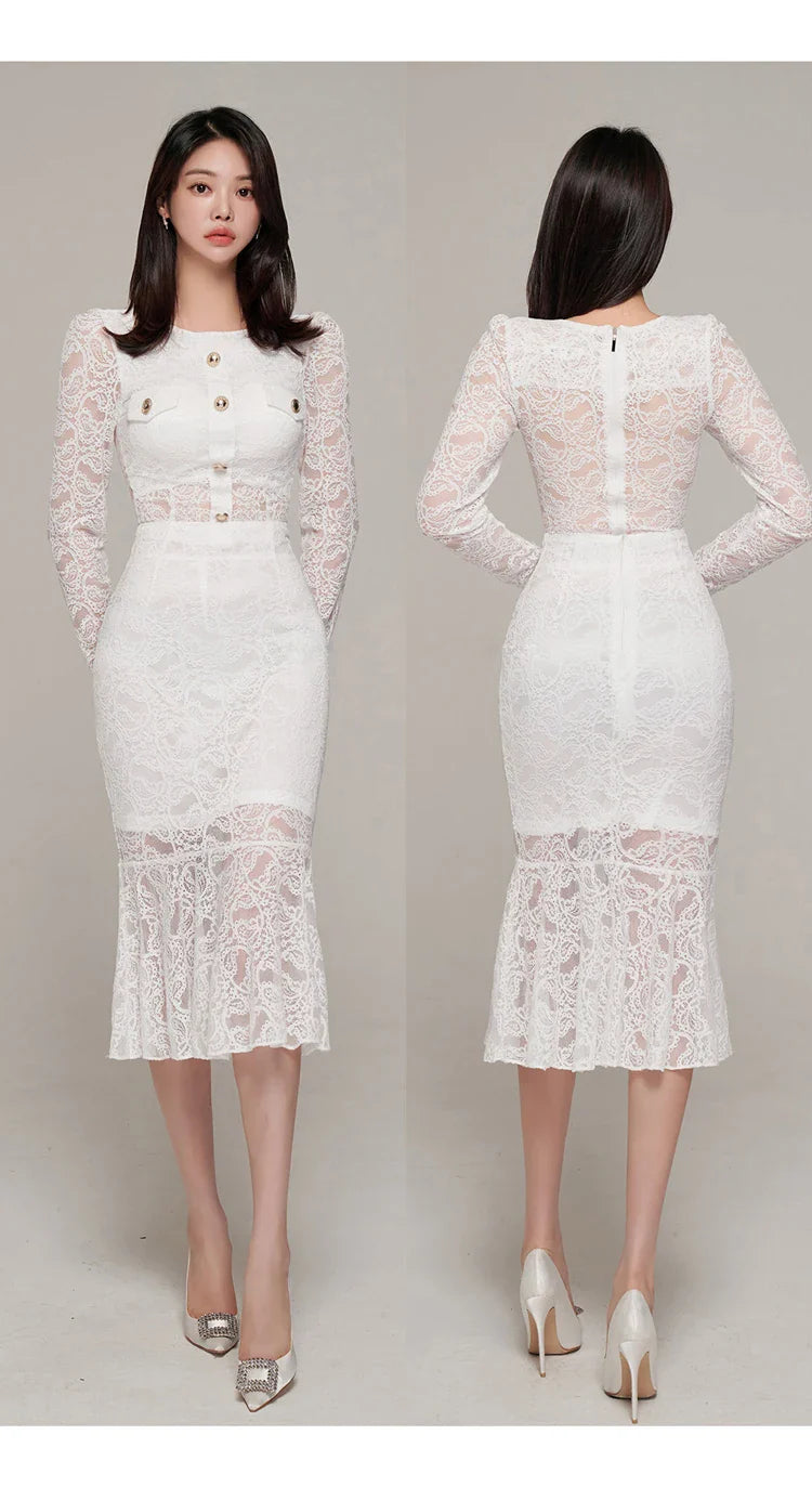 Elegant White Lace Women's Two Piece Set Long Sleeve Top and Mermaid Skirt Casual Office Outfit