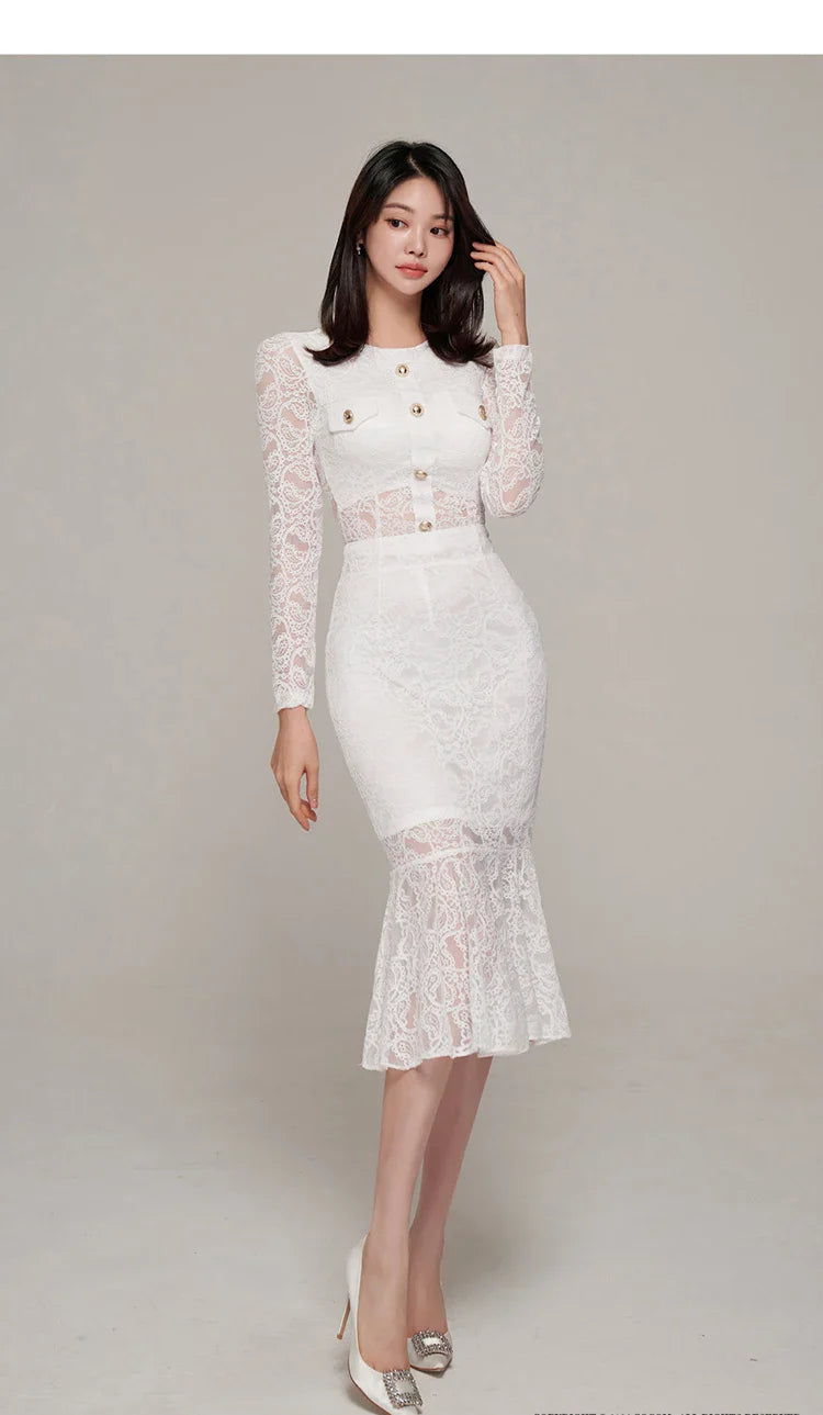 Elegant White Lace Women's Two Piece Set Long Sleeve Top and Mermaid Skirt Casual Office Outfit