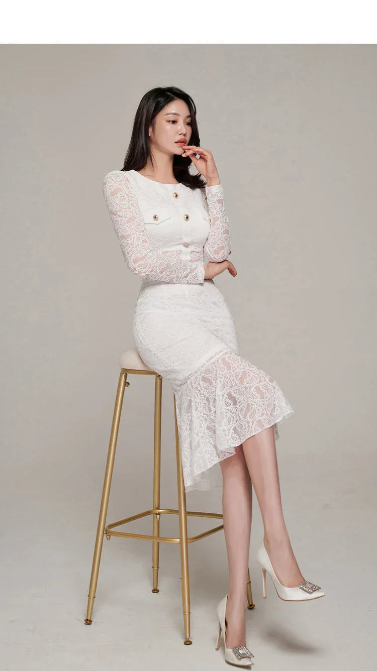 Elegant White Lace Women's Two Piece Set Long Sleeve Top and Mermaid Skirt Casual Office Outfit
