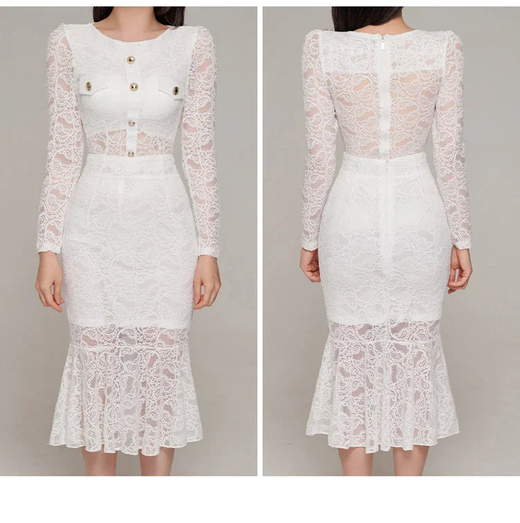 Elegant White Lace Women's Two Piece Set Long Sleeve Top and Mermaid Skirt Casual Office Outfit