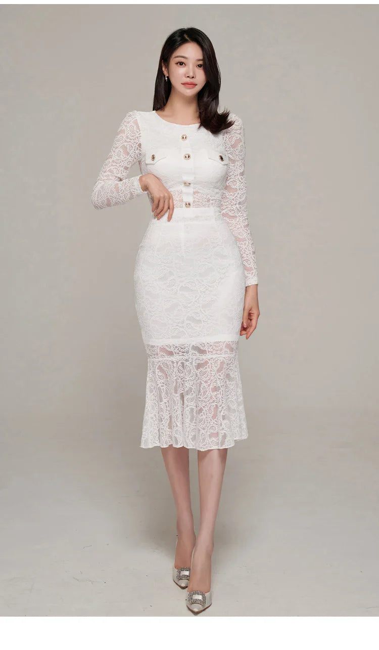 Elegant White Lace Women's Two Piece Set Long Sleeve Top and Mermaid Skirt Casual Office Outfit
