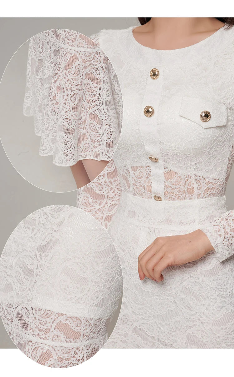 Elegant White Lace Women's Two Piece Set Long Sleeve Top and Mermaid Skirt Casual Office Outfit