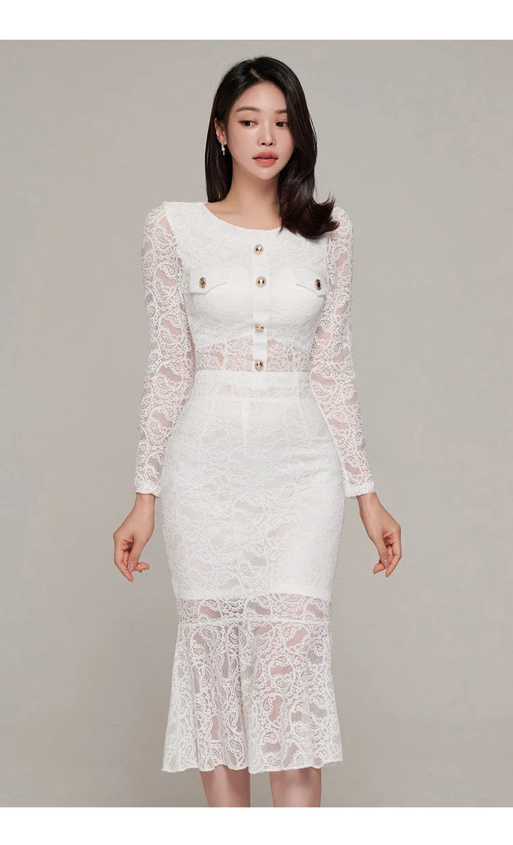 Elegant White Lace Women's Two Piece Set Long Sleeve Top and Mermaid Skirt Casual Office Outfit
