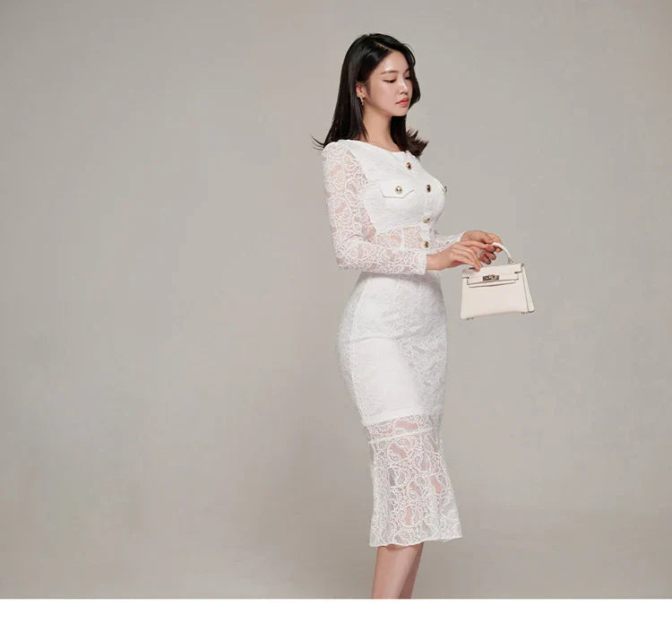 Elegant White Lace Women's Two Piece Set Long Sleeve Top and Mermaid Skirt Casual Office Outfit