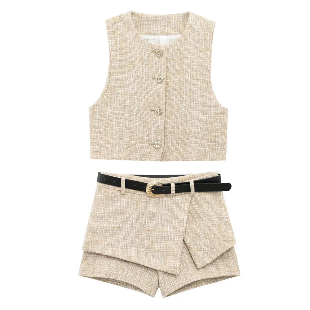 Women Tweed Sleeveless Button-Up Vest and Asymmetric Belted Shorts Set Stylish Two-Piece Outfit