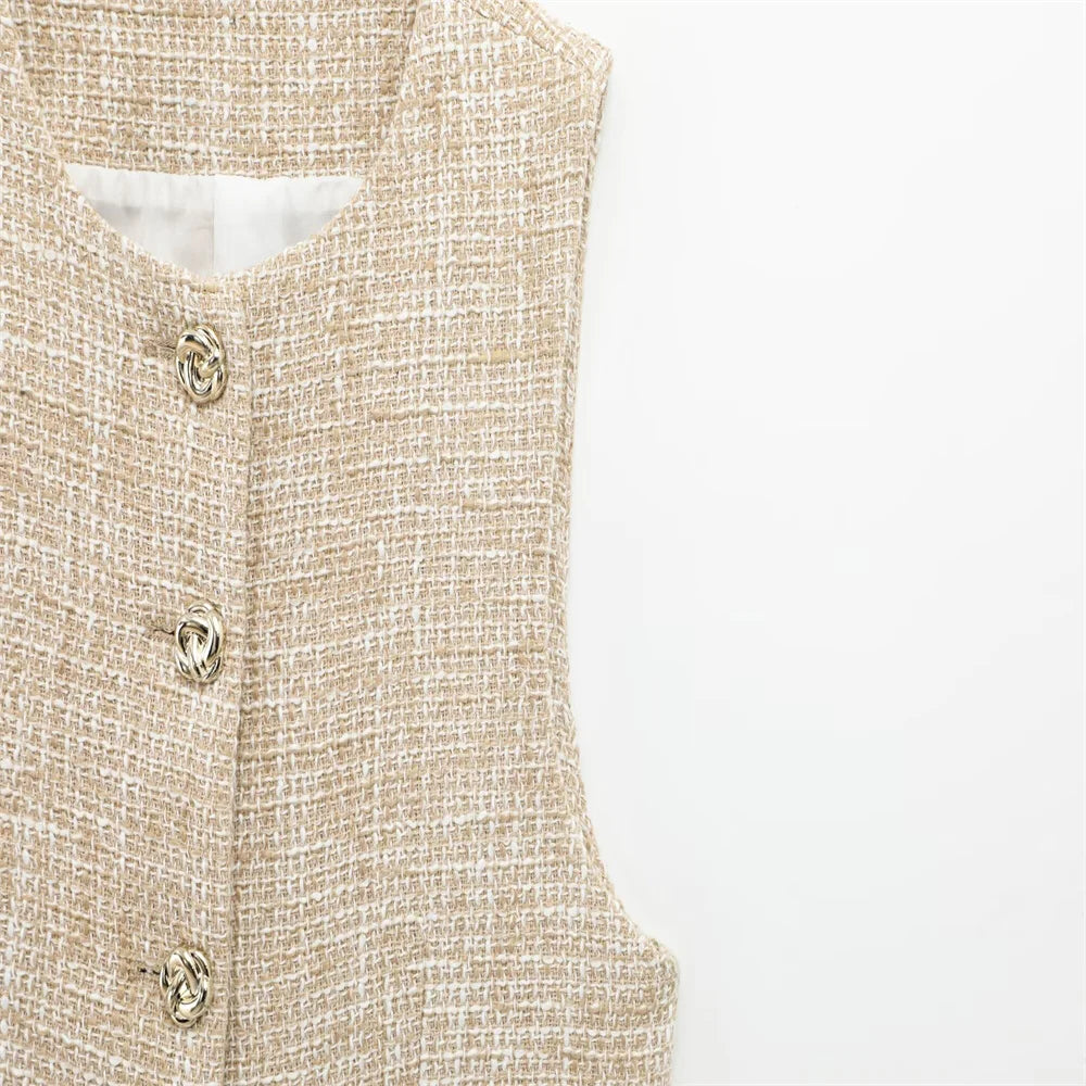 Women Tweed Sleeveless Button-Up Vest and Asymmetric Belted Shorts Set Stylish Two-Piece Outfit