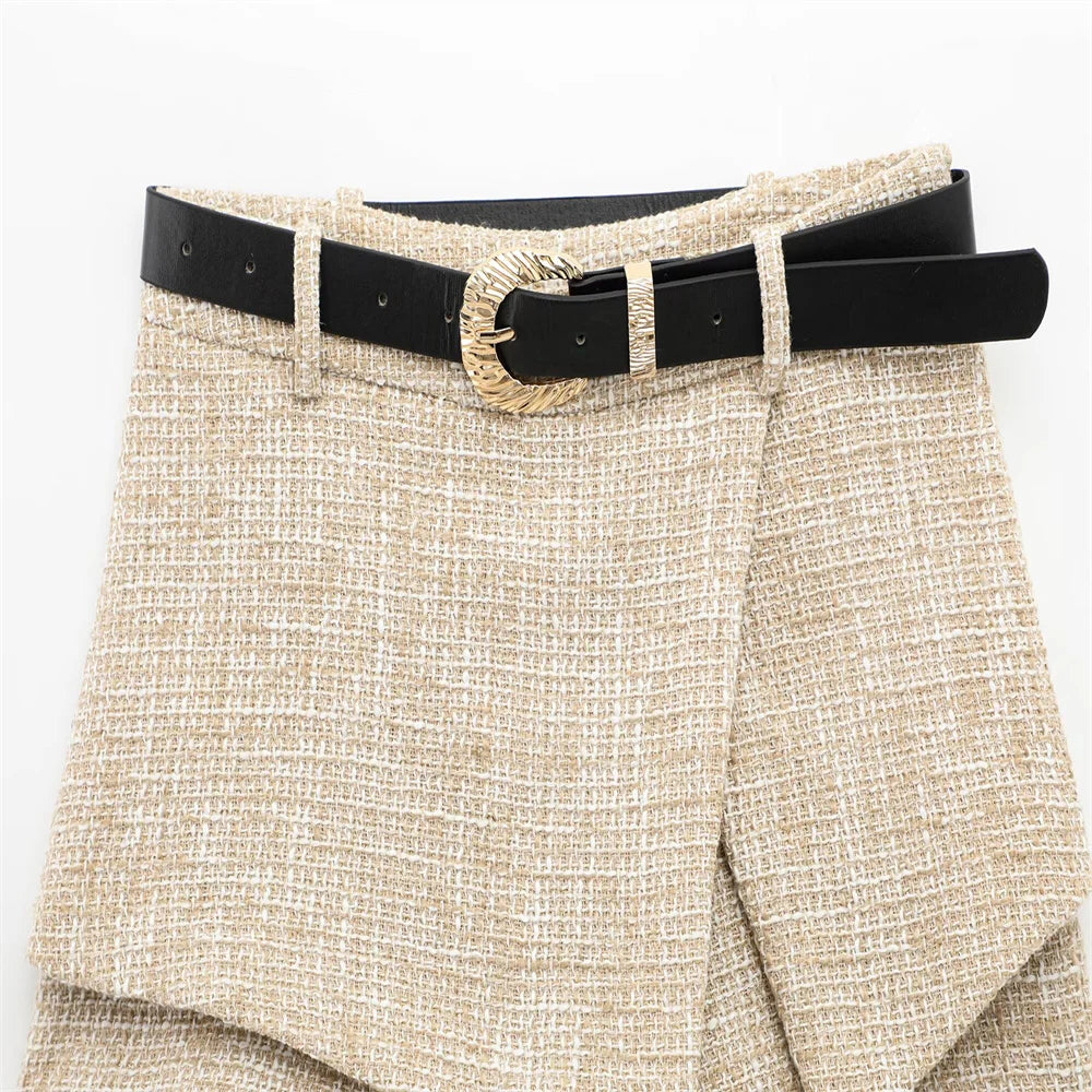 Women Tweed Sleeveless Button-Up Vest and Asymmetric Belted Shorts Set Stylish Two-Piece Outfit