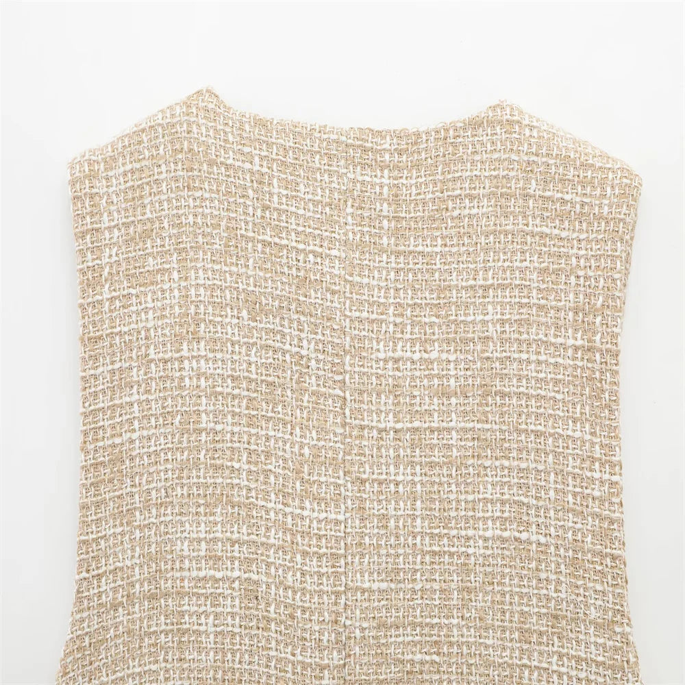 Women Tweed Sleeveless Button-Up Vest and Asymmetric Belted Shorts Set Stylish Two-Piece Outfit