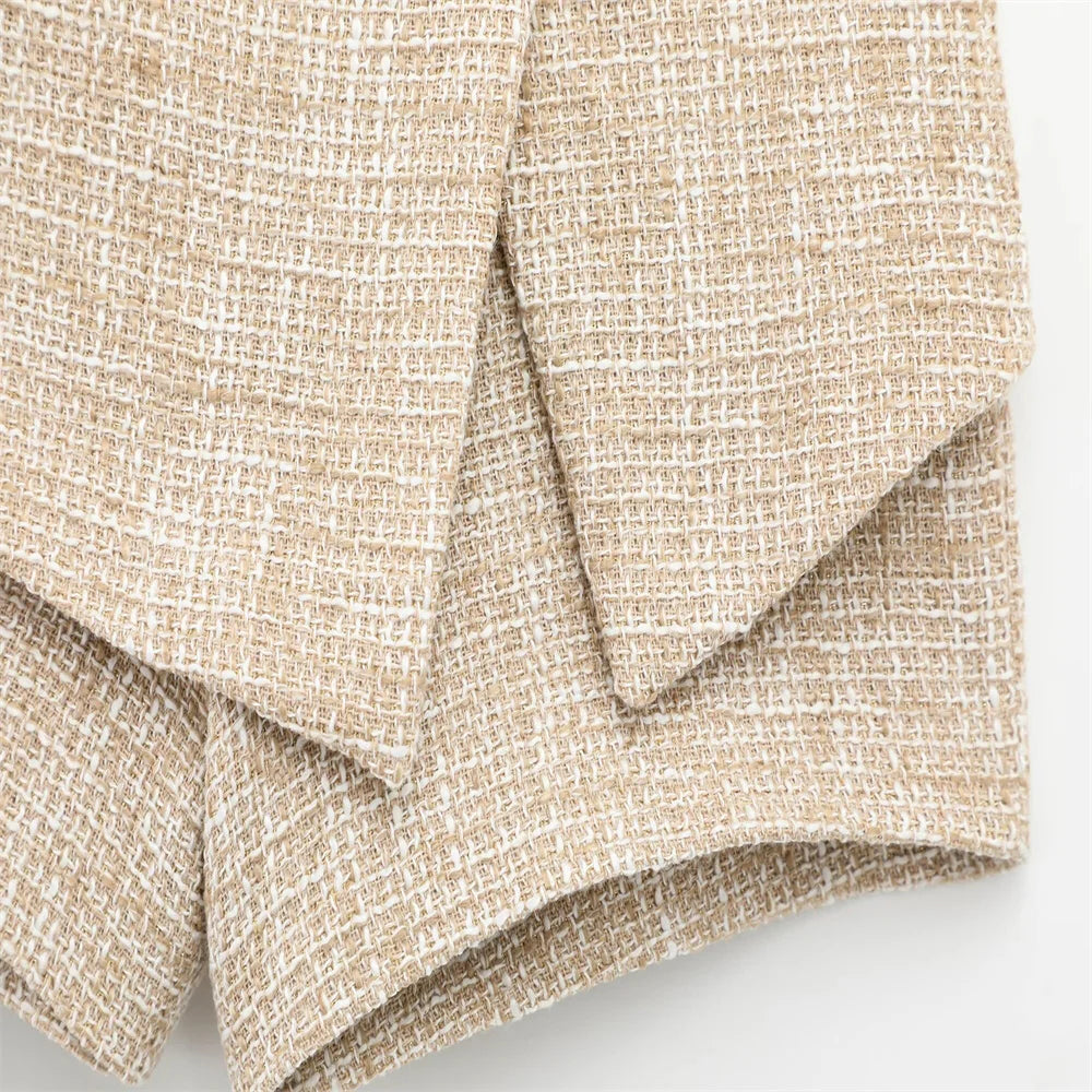 Women Tweed Sleeveless Button-Up Vest and Asymmetric Belted Shorts Set Stylish Two-Piece Outfit