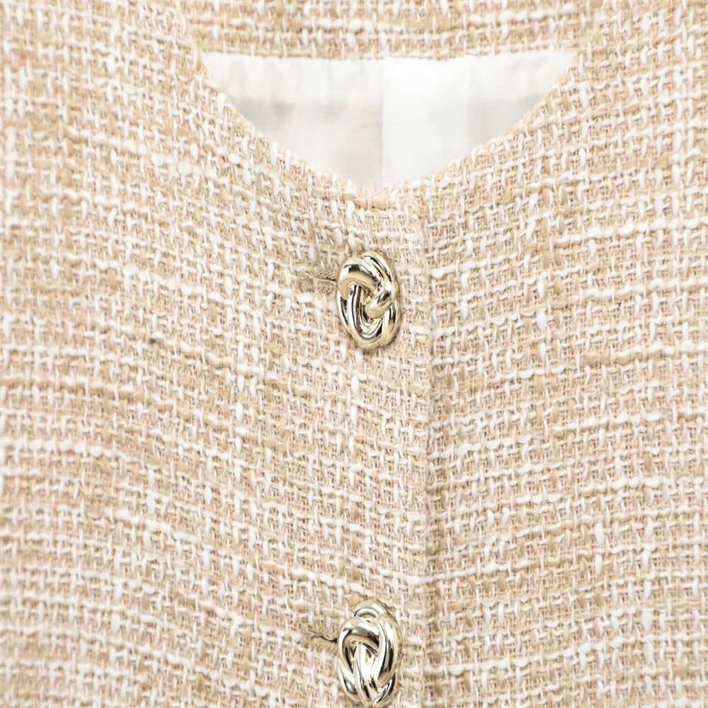 Women Tweed Sleeveless Button-Up Vest and Asymmetric Belted Shorts Set Stylish Two-Piece Outfit