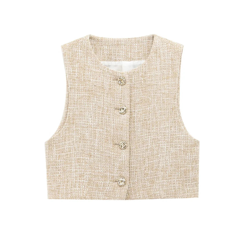 Women Tweed Sleeveless Button-Up Vest and Asymmetric Belted Shorts Set Stylish Two-Piece Outfit