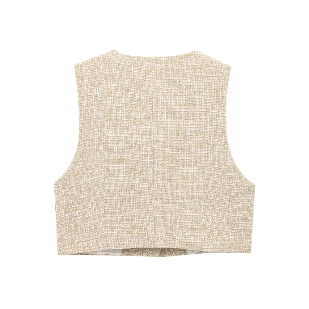 Women Tweed Sleeveless Button-Up Vest and Asymmetric Belted Shorts Set Stylish Two-Piece Outfit