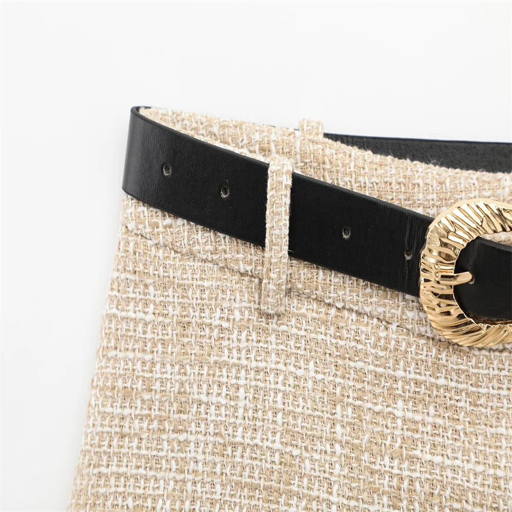 Women Tweed Sleeveless Button-Up Vest and Asymmetric Belted Shorts Set Stylish Two-Piece Outfit